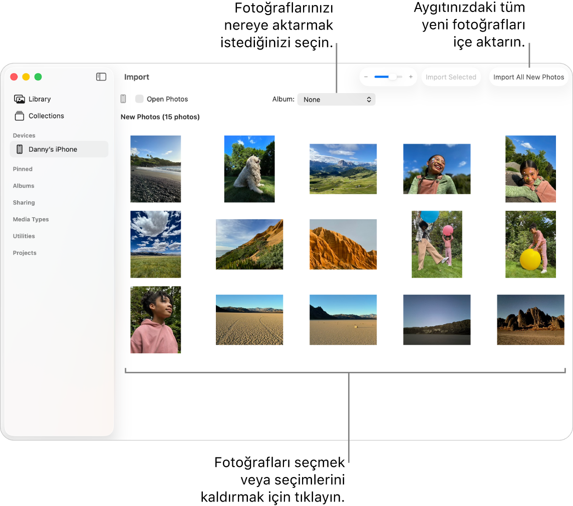 Mac’teki Fotoğraflar’da bir aygıttaki yeni fotoğrafları gösteren İçe Aktar penceresi. Üst ortada Albüm açılır menüsü var. İçe aktarma düğmeleri sağ üsttedir.
