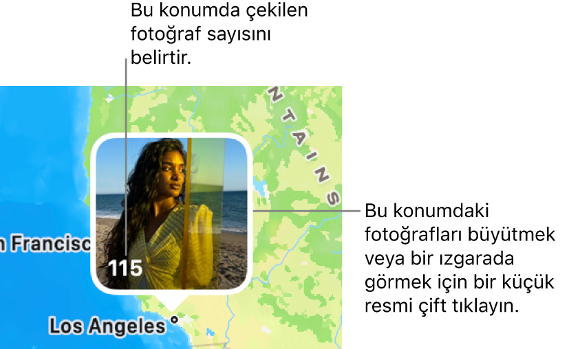 Haritada bir fotoğraf küçük resmi; sol alt köşesindeki sayı o konumda çekilmiş fotoğrafların sayısını belirtiyor.
