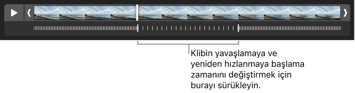 Videonun yavaşlayıp yeniden hızlandığı yeri değiştirmek için sürükleyebileceğiniz tutamaklar ile ağır çekim bir video.