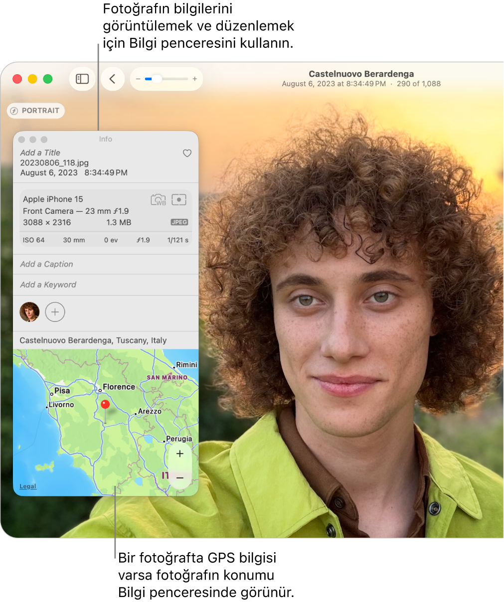 Fotoğrafın çekildiği tarih ve saati, fotoğrafı çeken aygıt ile ilgili bilgileri, fotoğrafın konumunu ve daha fazlasını gösteren bir fotoğrafın Bilgi penceresi.