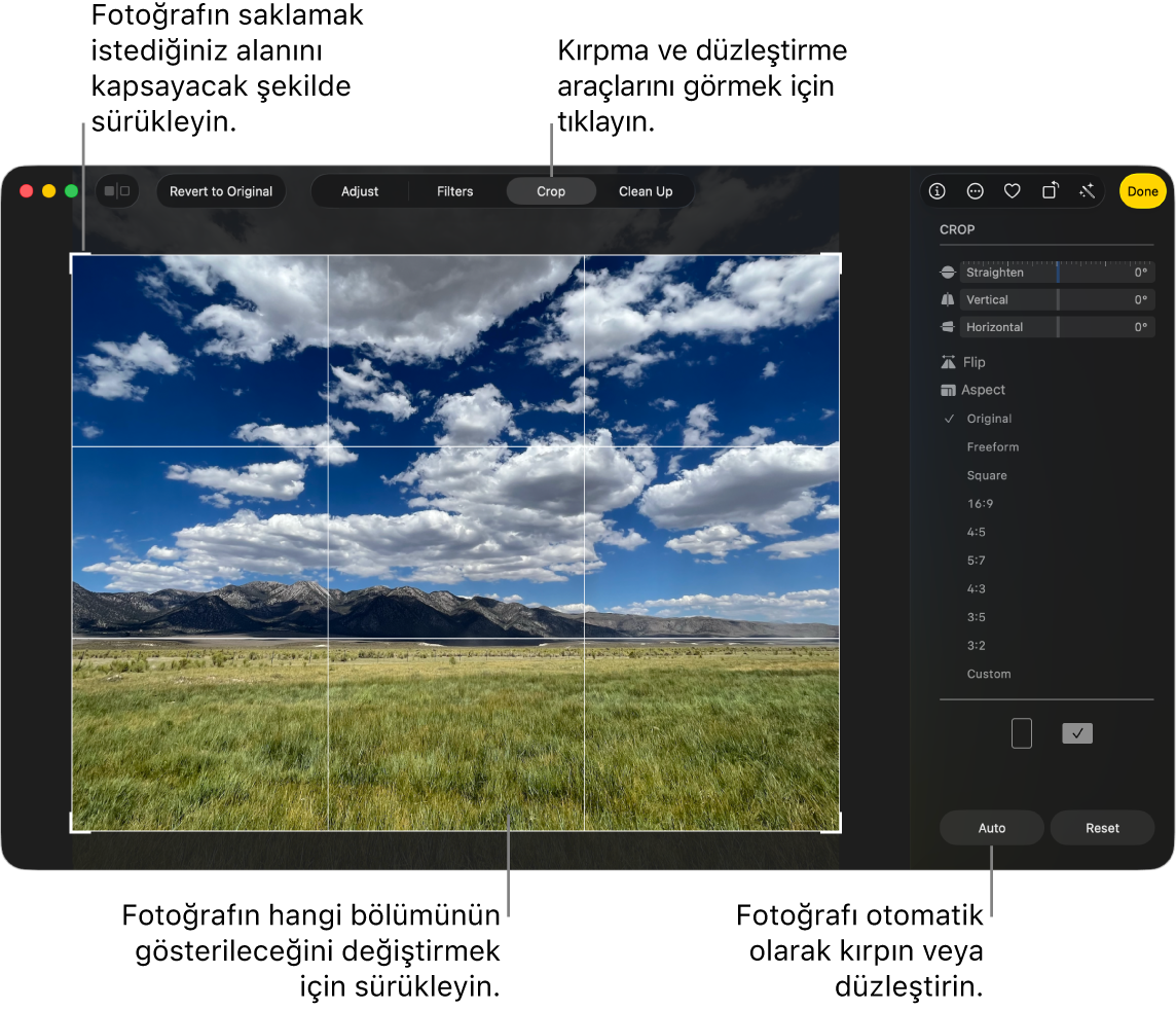 Düzenleme görüntüsünde bir fotoğraf; araç çubuğunda Kırp seçili, fotoğrafın etrafında bir seçim dikdörtgeni var ve sağ tarafta düzleştirme sürgüleri, en boy oranı seçenekleri, Otomatik ve Sıfırla düğmeleri bulunuyor.