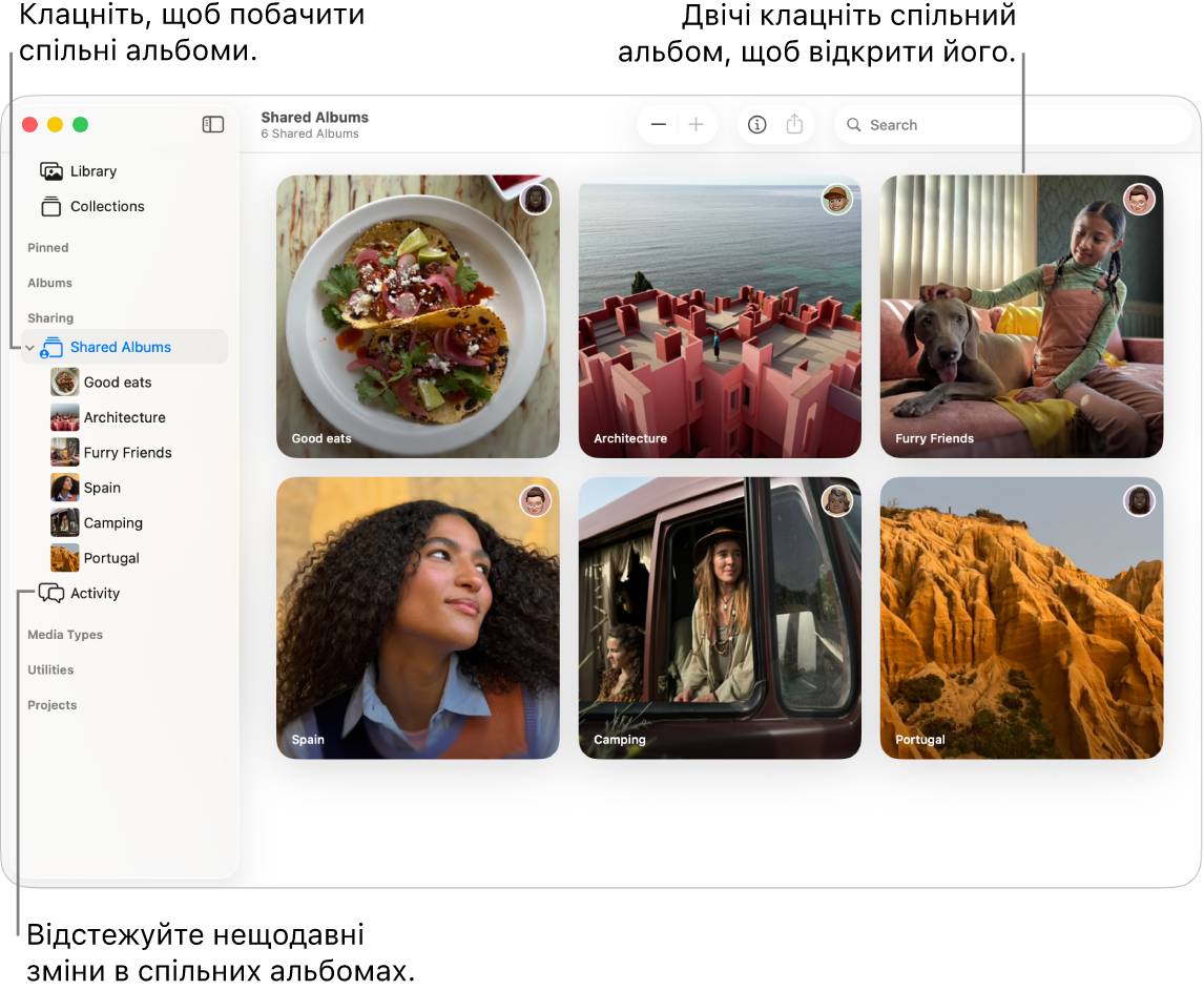 Вікно Фотографій з вибраною категорією «Спільні альбоми» на бічній панелі та спільними альбомами праворуч.
