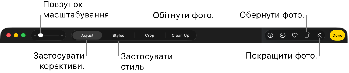 Панель інструментів редагування з елементами керування масштабом фото, кнопками для виконання коригування, застосування стилю фотографій, обтинання, повертання та покращення фотографій.
