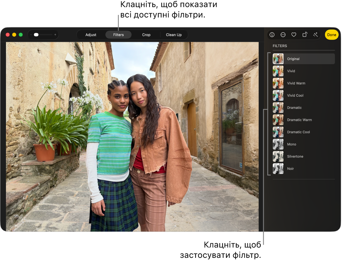 Фото в режимі редагування, на панелі інструментів вибрано «Фільтри», справа показано опції фільтрів.