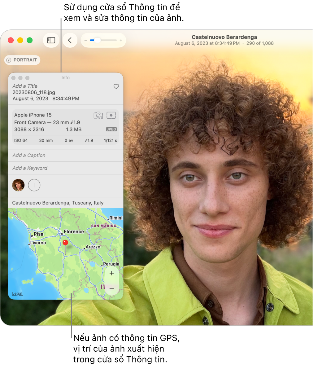 Cửa sổ Thông tin cho một ảnh đang hiển thị ngày và giờ chụp ảnh, thông tin về thiết bị đã chụp ảnh, vị trí của ảnh, v.v.