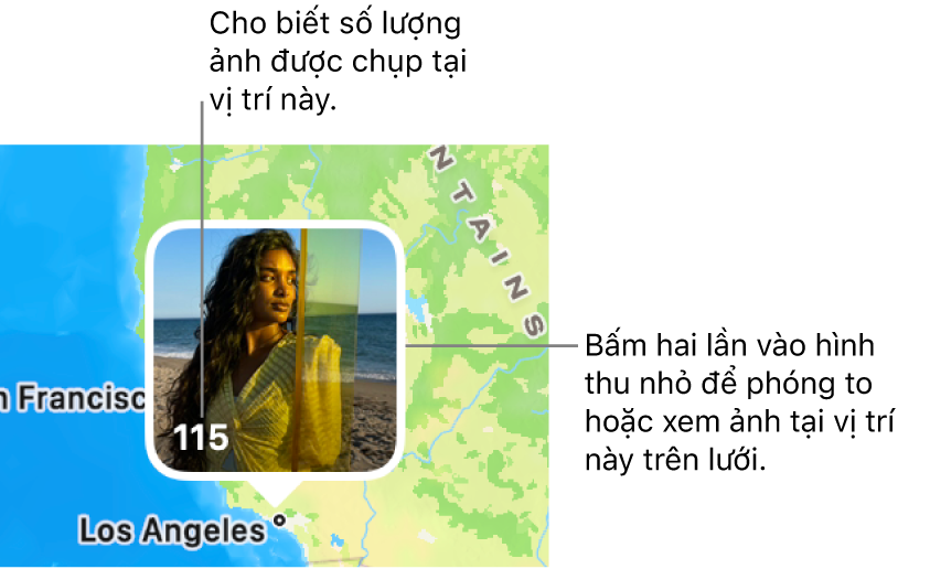 Một hình thu nhỏ ảnh trên bản đồ, với một số ở góc phía dưới bên trái cho biết số lượng ảnh được chụp tại vị trí đó.