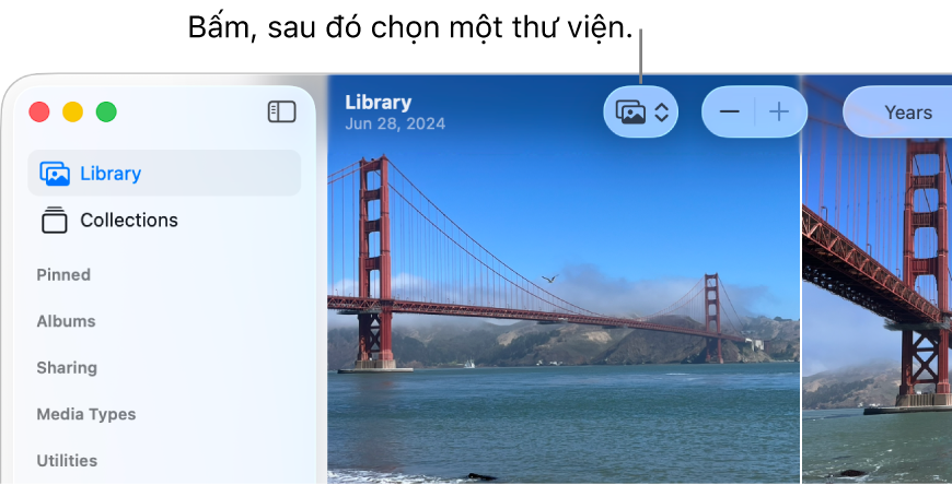 Khu vực trên cùng bên trái của cửa sổ ứng dụng Ảnh, đang hiển thị thanh bên và menu bật lên Thư viện trong thanh công cụ.
