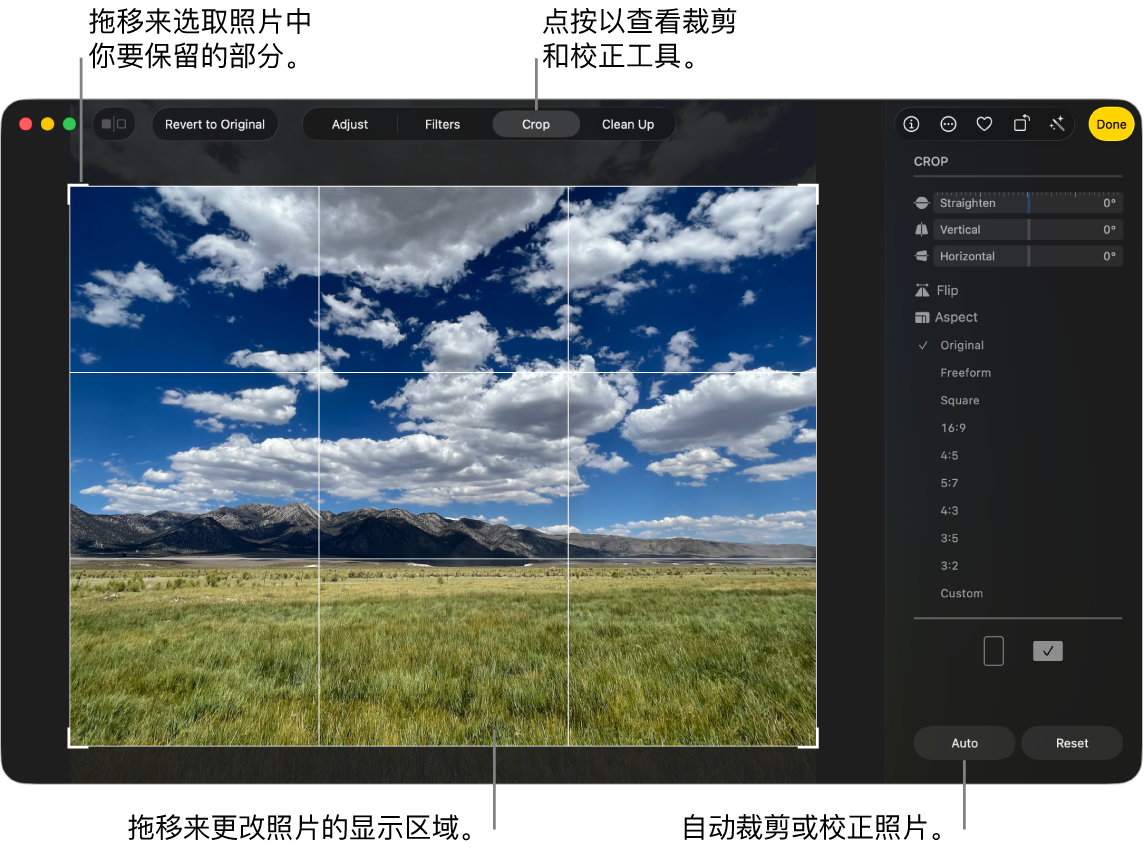 编辑视图中的照片,其中已选择工具栏中的“裁剪”;照片周围是选择矩形,右侧是“校正”滑块、宽高比选项以及“自动”和“还原”按钮。