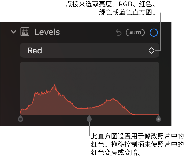 “调整”面板中的“色阶”控制,显示“红色”直方图及下方的控制柄,用于调整照片的红色色阶。