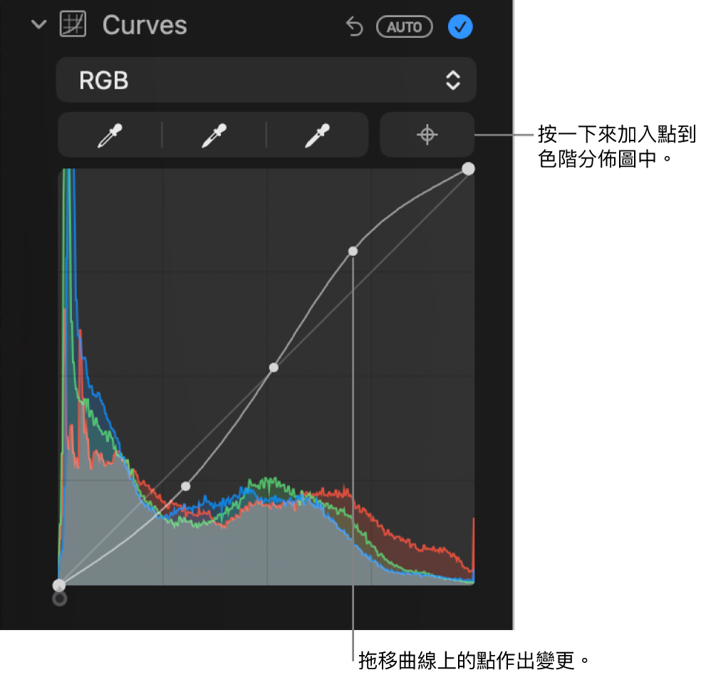 「調整」面板中的曲線控制項目，其右上方顯示「加入點」按鈕，下方則為 RGB 色階分佈圖。