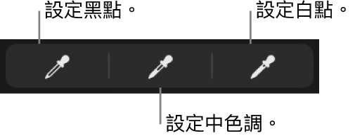 三根滴管，用來設定相片或影片中的黑點、中間色調以及白點。