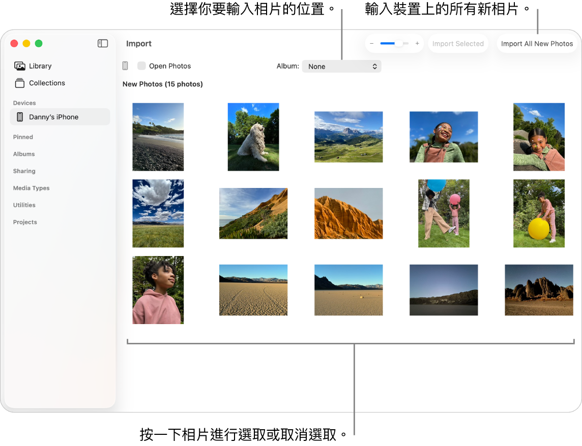 在 Mac 上的「相片」中，「輸入」視窗顯示裝置上的新相片。 最上方中間是「相簿」彈出式選單。 「輸入」按鈕位於右上角。