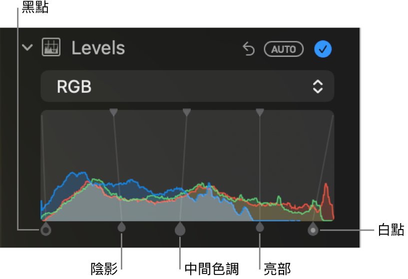 「調整」面板中的色階控制項目,顯示 RGB 色階分佈圖,其下方的控點由左至右包括黑點、陰影、中間色調、亮部和白點。