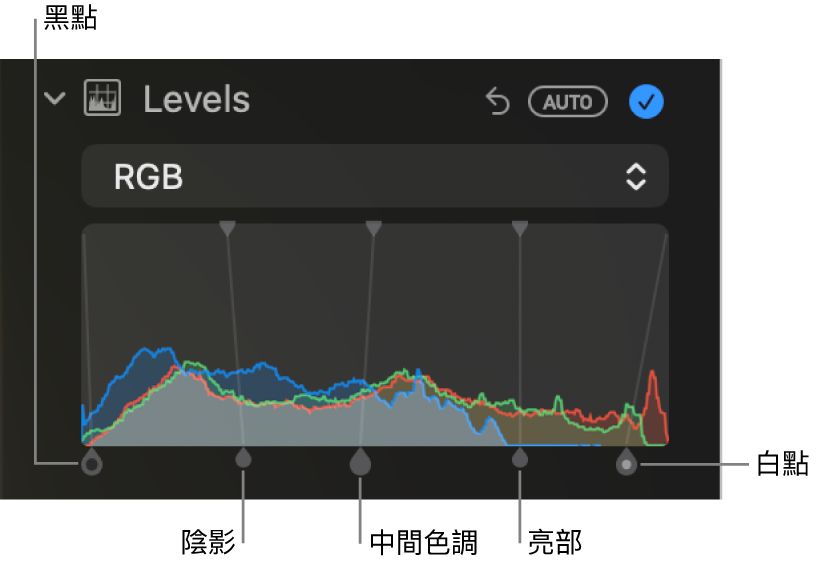 「調整」面板中的「色階」控制項目,下方顯示帶有控點的 RGB 色階分佈圖,由左至右包含黑點、陰影、中間色調、亮部和白點。