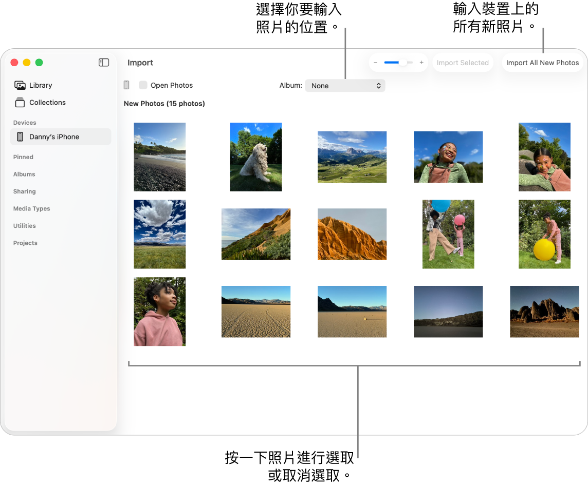 Mac 上「照片」的「輸入」視窗顯示裝置上的新照片。最上方中間是「相簿」彈出式選單。「輸入」按鈕位於右上角。