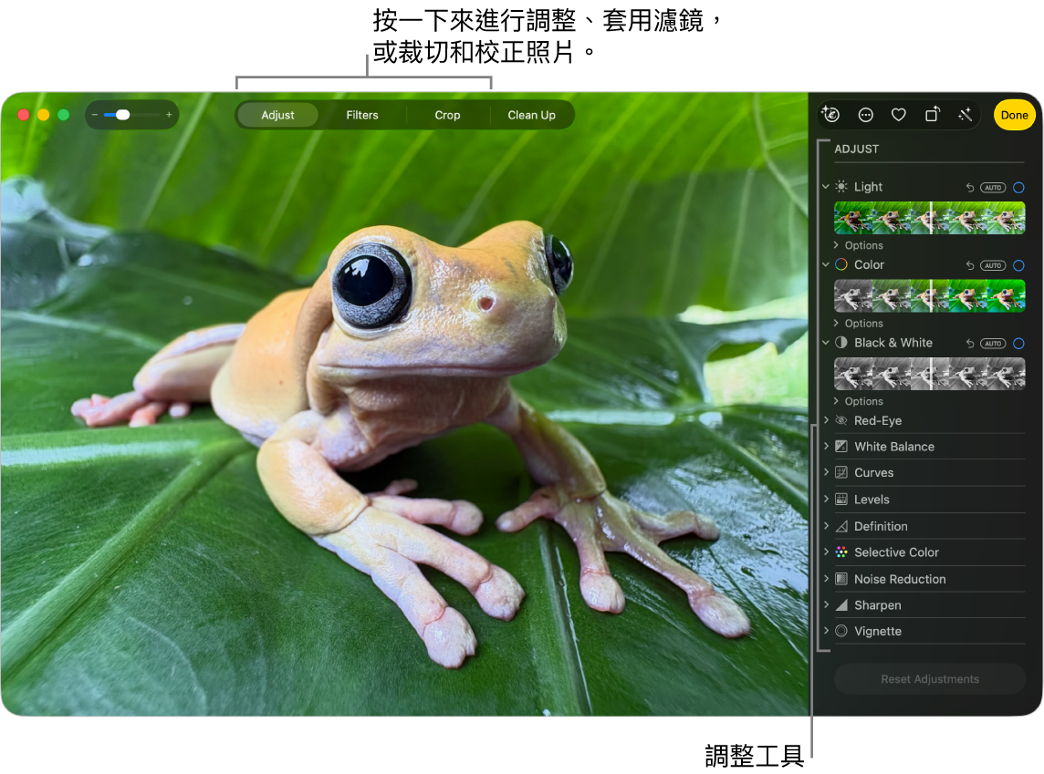 編輯畫面中的照片,已選取工具列中的「調整」,調整工具位於右側。