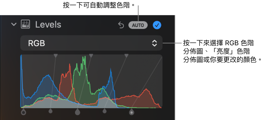 「調整」面板中的「色階」控制項目,右上方顯示「自動」按鈕,下方顯示 RGB 色階分佈圖。
