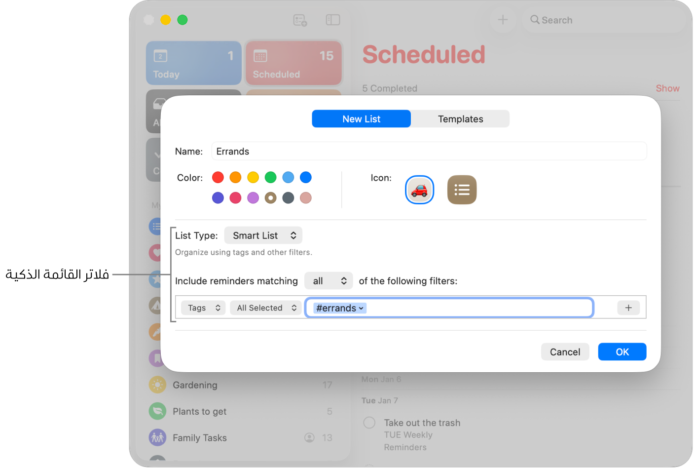 نافذة معلومات القائمة الذكية المخصصة تعرض قائمة الفلاتر المنبثقة.