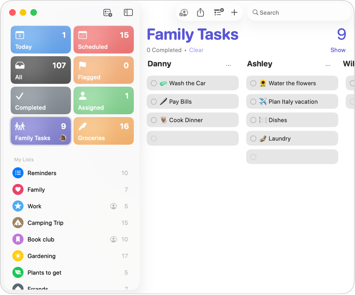 نافذة في تطبيق التذكيرات تعرض قائمة تضم أقسامًا معروضة كأعمدة.