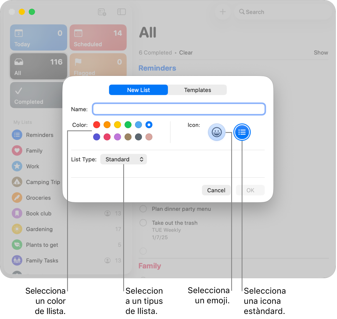 Finestra de l’app Recordatoris amb les opcions per a una llista nova.