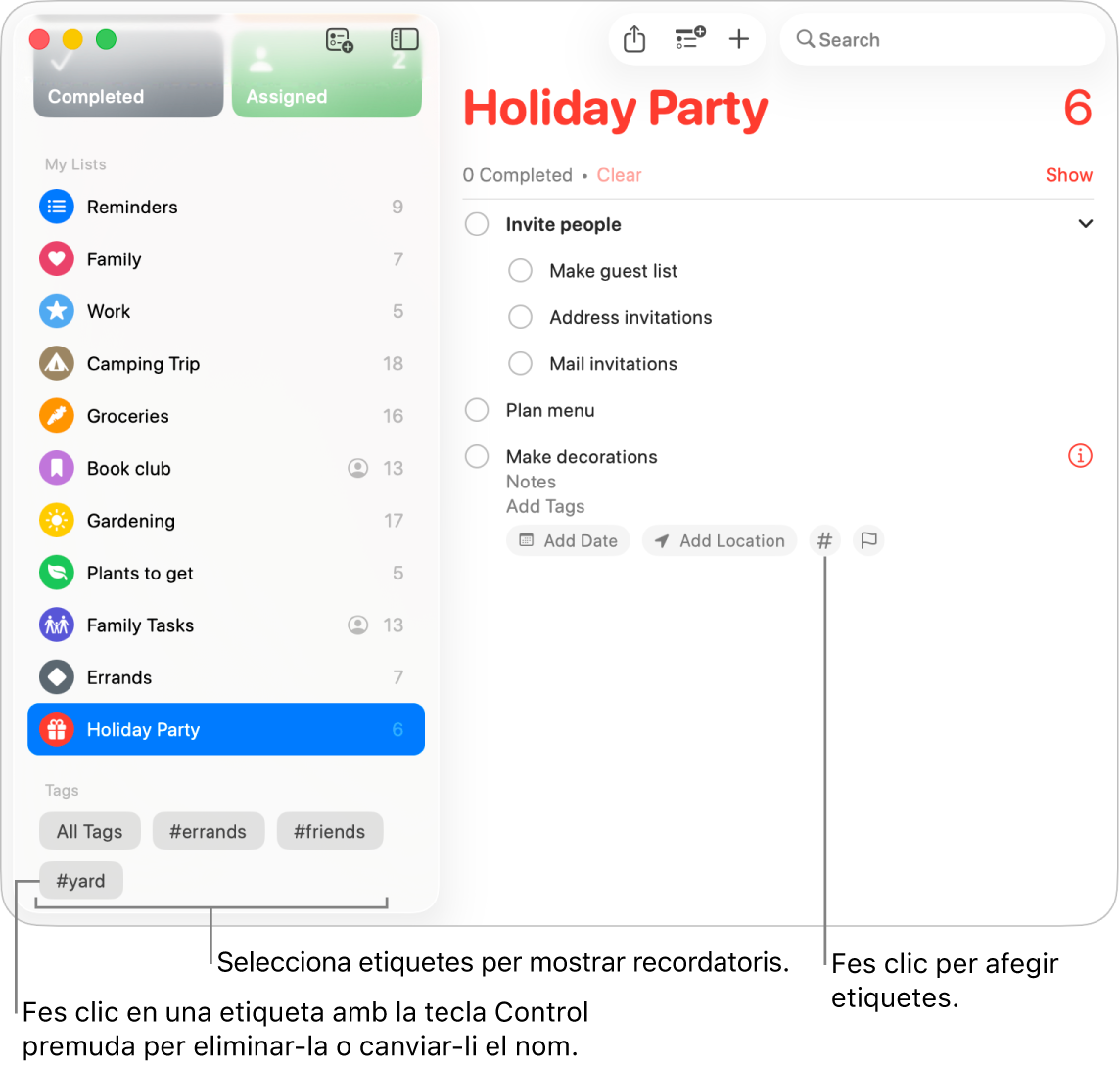 Una finestra de l’app Recordatoris que mostra diverses etiquetes a la barra lateral i un recordatori amb el botó “Etiquetes”.