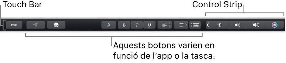 La Touch Bar, situada a la part superior del teclat, que mostra la Control Strip contreta, a la dreta, i botons que varien segons l'app o la tasca.
