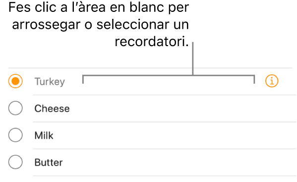 Fer clic a la zona buida de la dreta del nom d’un recordatori per seleccionar‑lo.