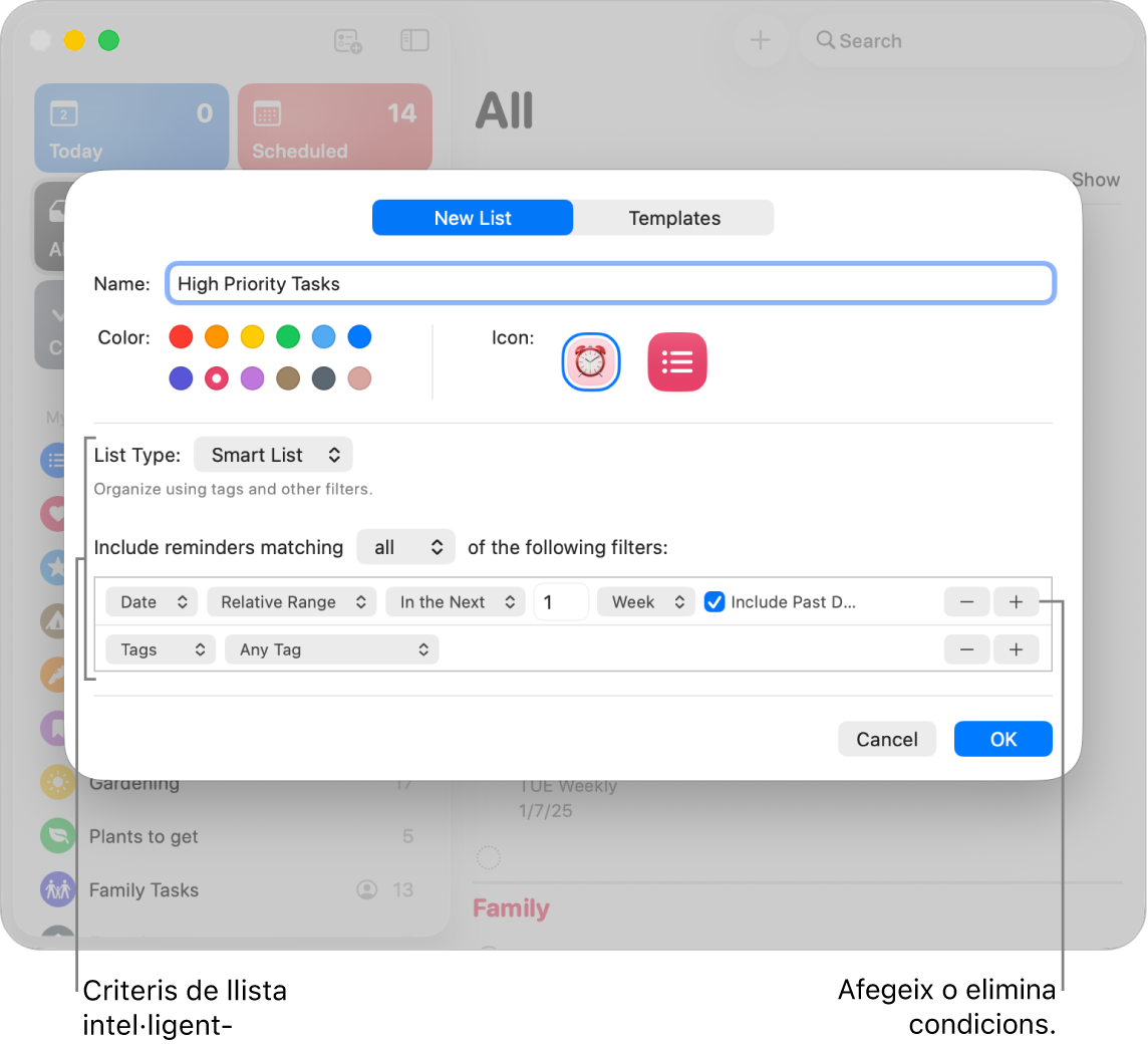 El quadre de diàleg “Nova llista intel·ligent” amb els camps utilitzats per definir criteris.