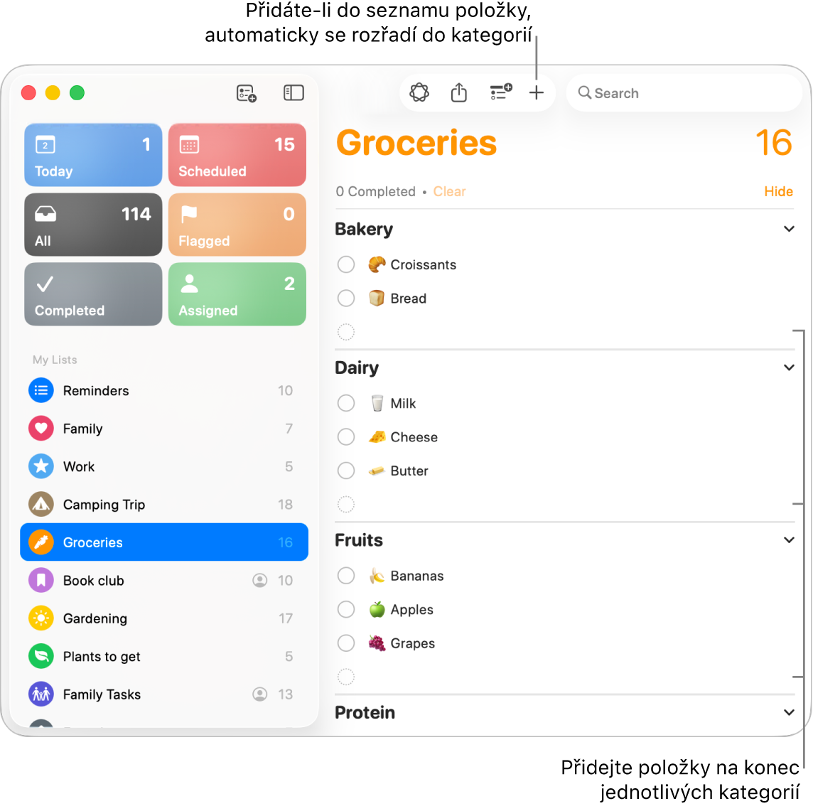 Nákupní seznam s položkami roztříděnými do tří kategorií. Dole na konci každé kategorie jsou prázdná pole pro přidávání položek.