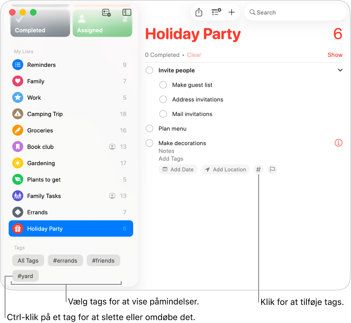 Et vindue i Påmindelser, der viser adskillige tags i indholdsoversigten og en påmindelse med knappen Mærker.