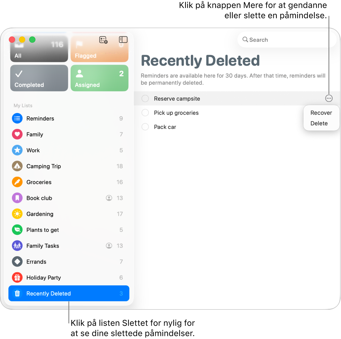 Et vindue i Påmindelser, der viser listen Slettet for nylig, som er valgt i indholdsoversigten, og knappen Mere for en påmindelse, der viser mulighederne Gendan eller Slet.