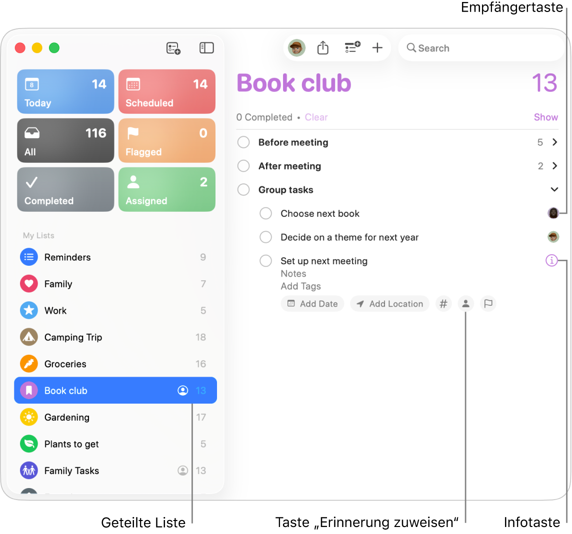 Ein Erinnerungen-Fenster mit einer geteilten Liste, die zugewiesene Erinnerungen enthält.