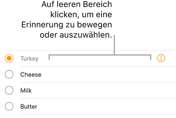 Klicke auf den leeren Bereich rechts neben dem Namen einer Erinnerung, um die Erinnerung auszuwählen.