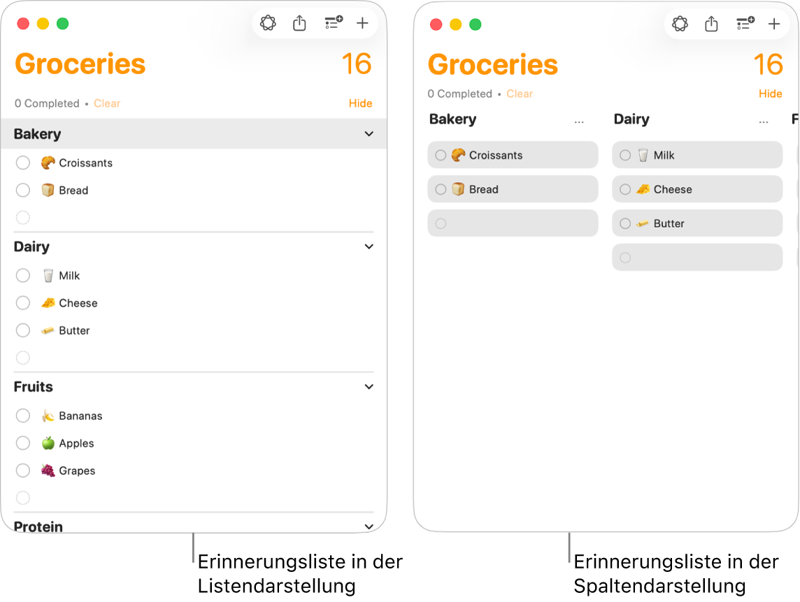 Links wird eine Erinnerungsliste als Liste dargestellt. Rechts ist dieselbe Erinnerungsliste in der Spaltendarstellung zu sehen. Die Erinnerungsliste hat drei Abschnitte. Die Abschnittstitel werden als Spaltentitel verwendet.
