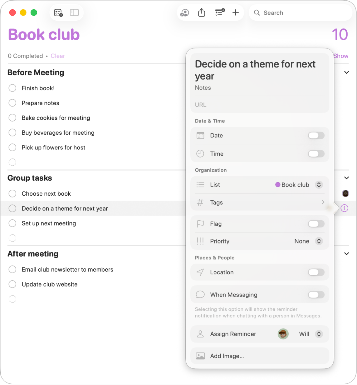 A reminder list showing the details window for a reminder.