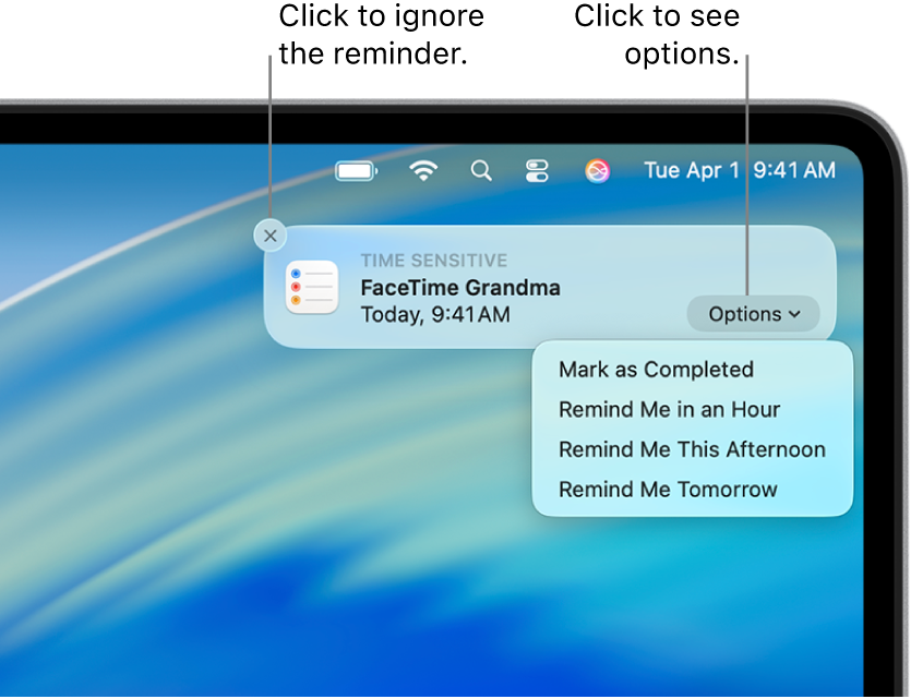 A reminder notification with Complete and Later buttons.