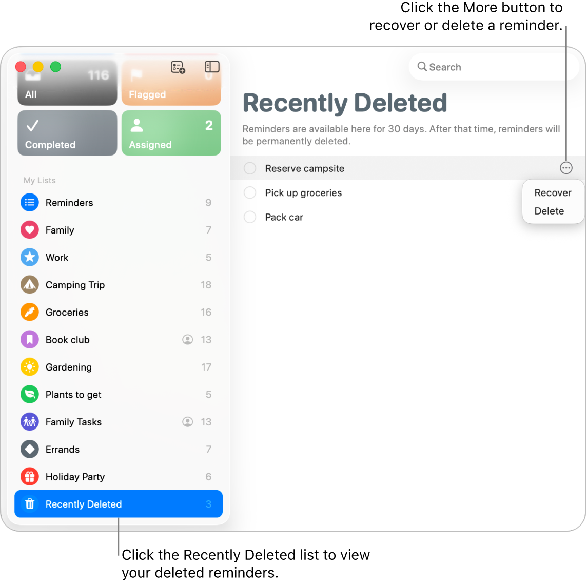 A Reminders window showing the Recently Deleted list selected in the sidebar, and the More button for a reminder showing the Recover or Delete options.