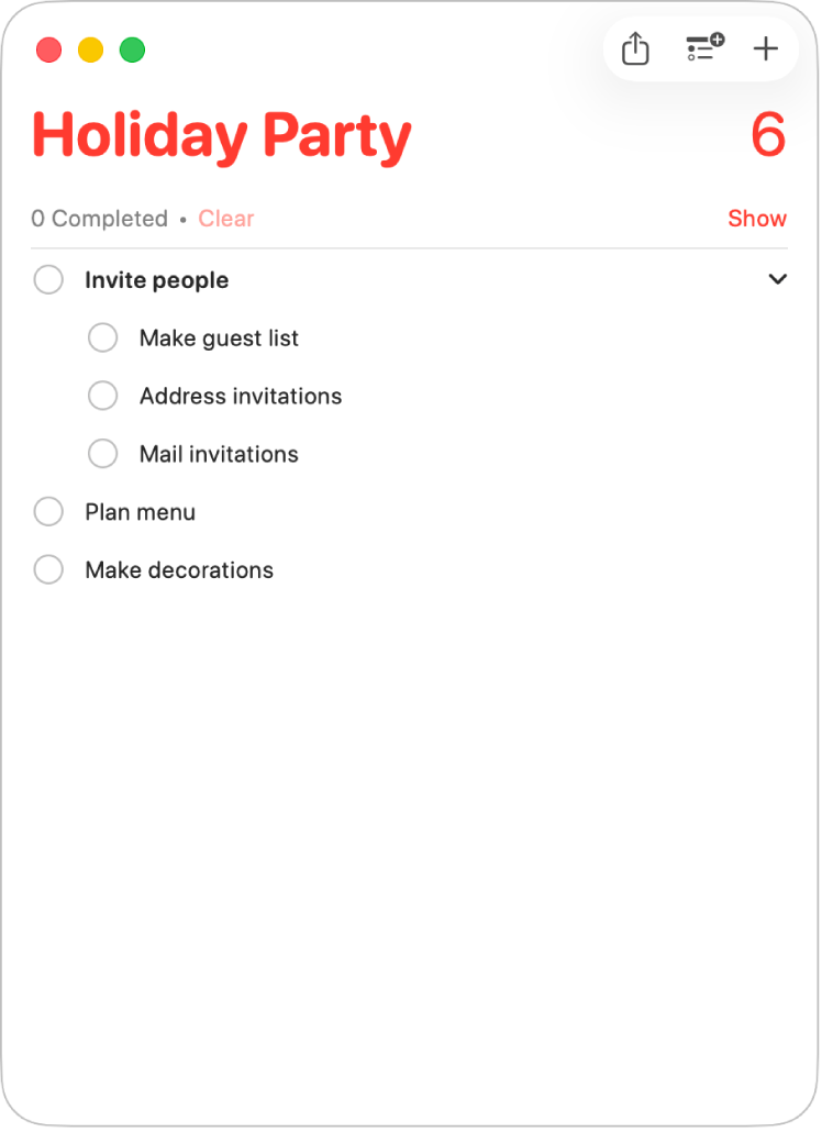 A reminders list showing the reminders organised into subtasks.