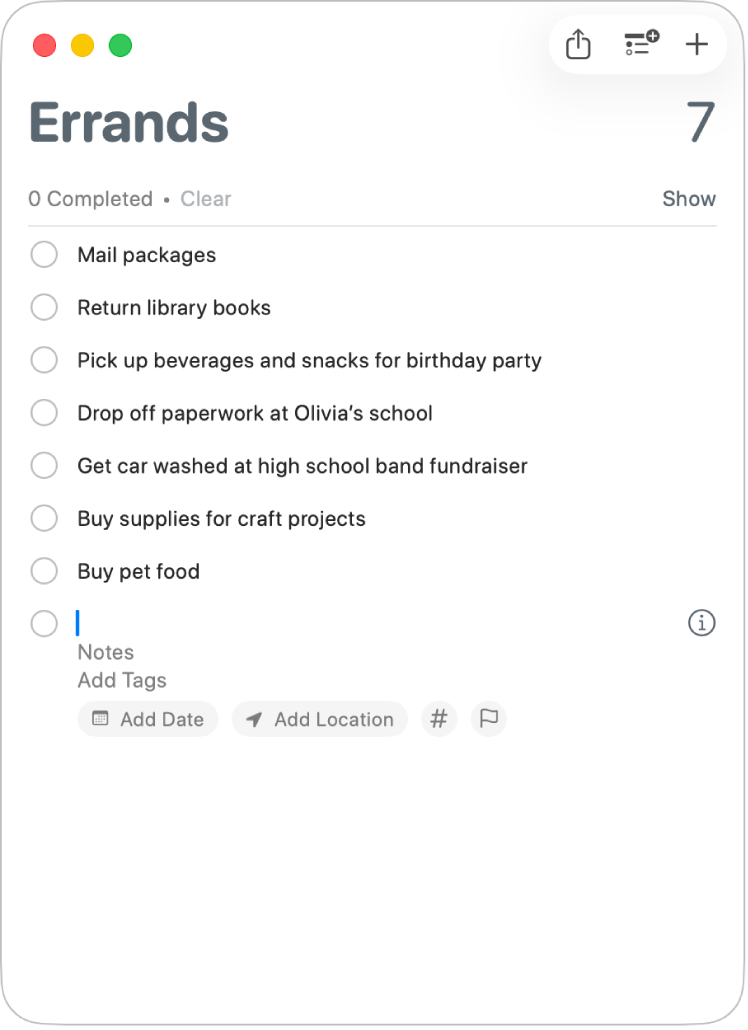 A reminder list showing a selected reminder with fields for entering the date, location, tags, and a flag.