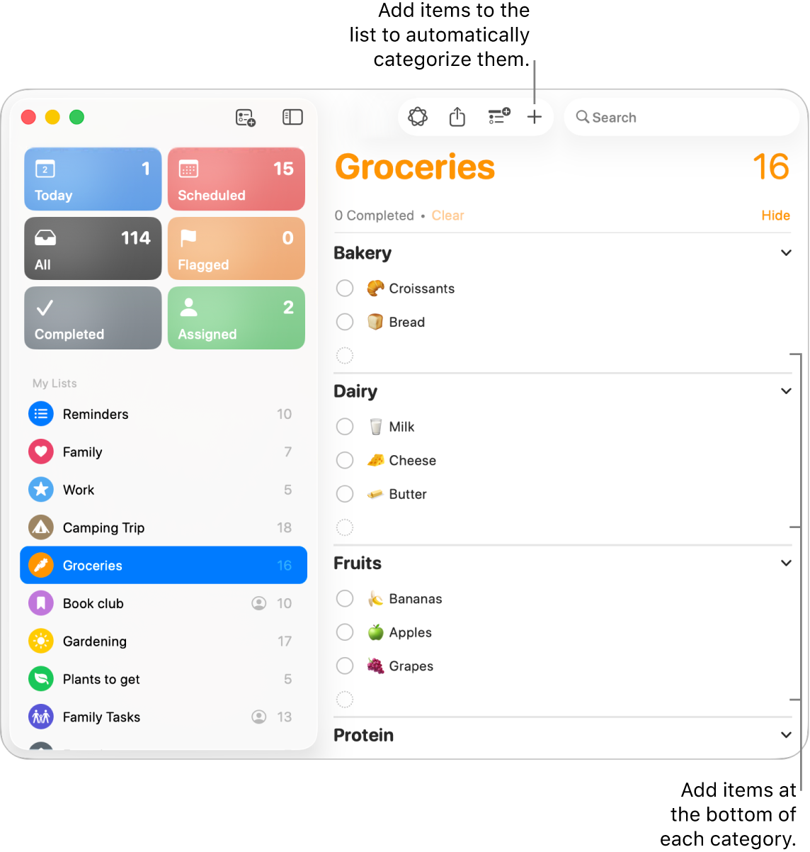 A grocery list with items listed in three categories. There are empty fields at the bottom of each category to add items.