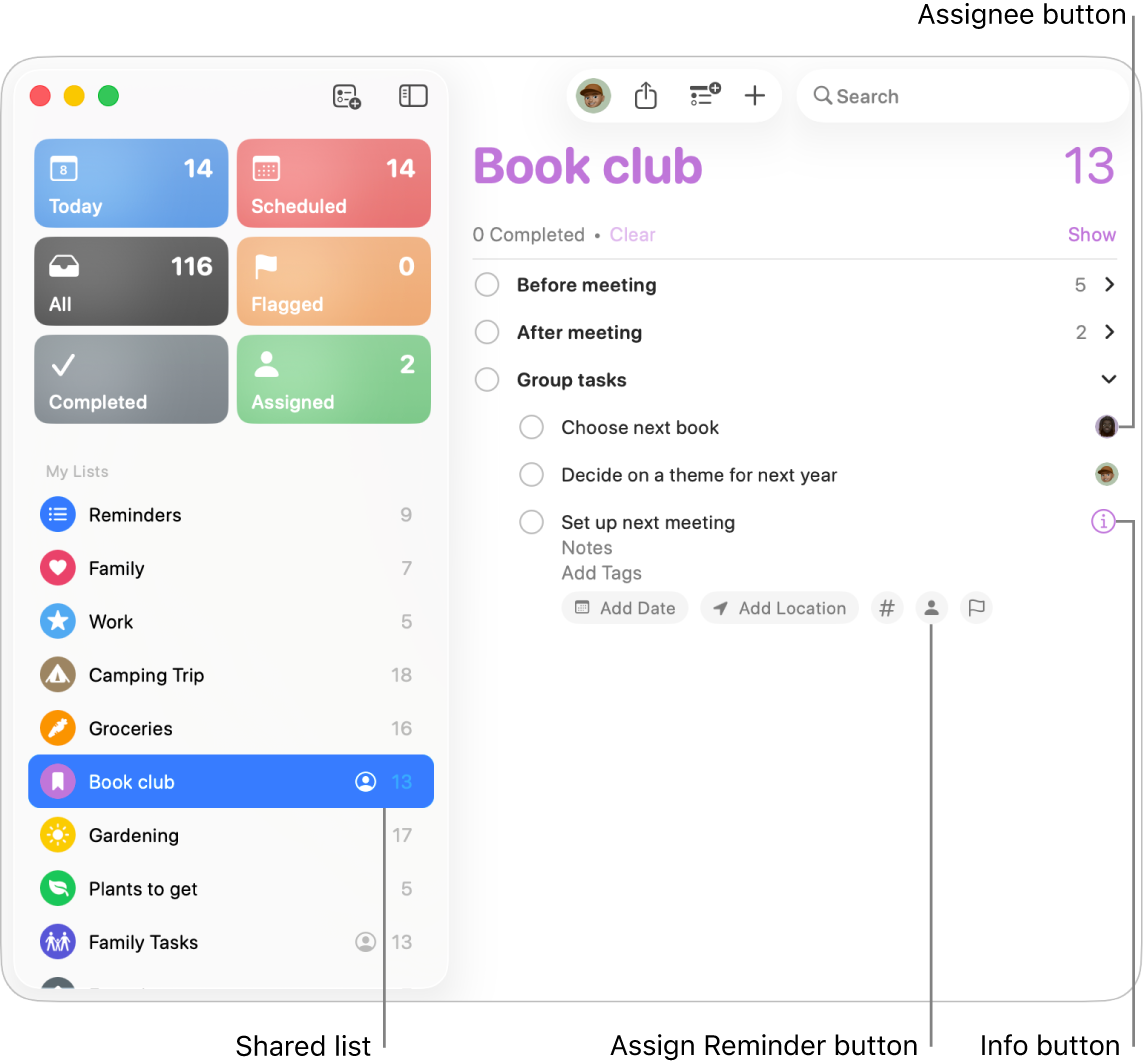 A Reminders window showing a shared list with assigned reminders.