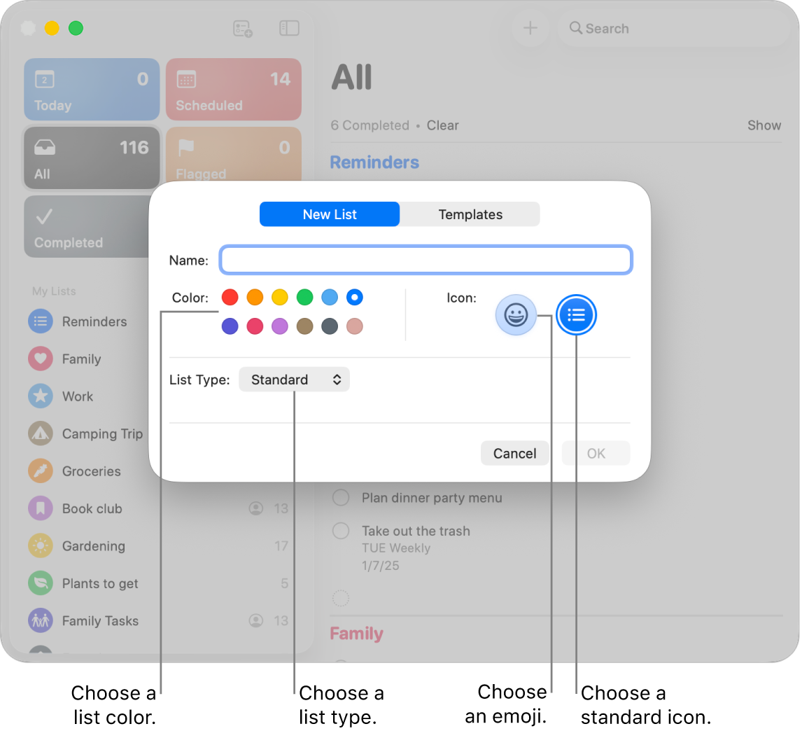 The Reminders window showing the options for a new list.