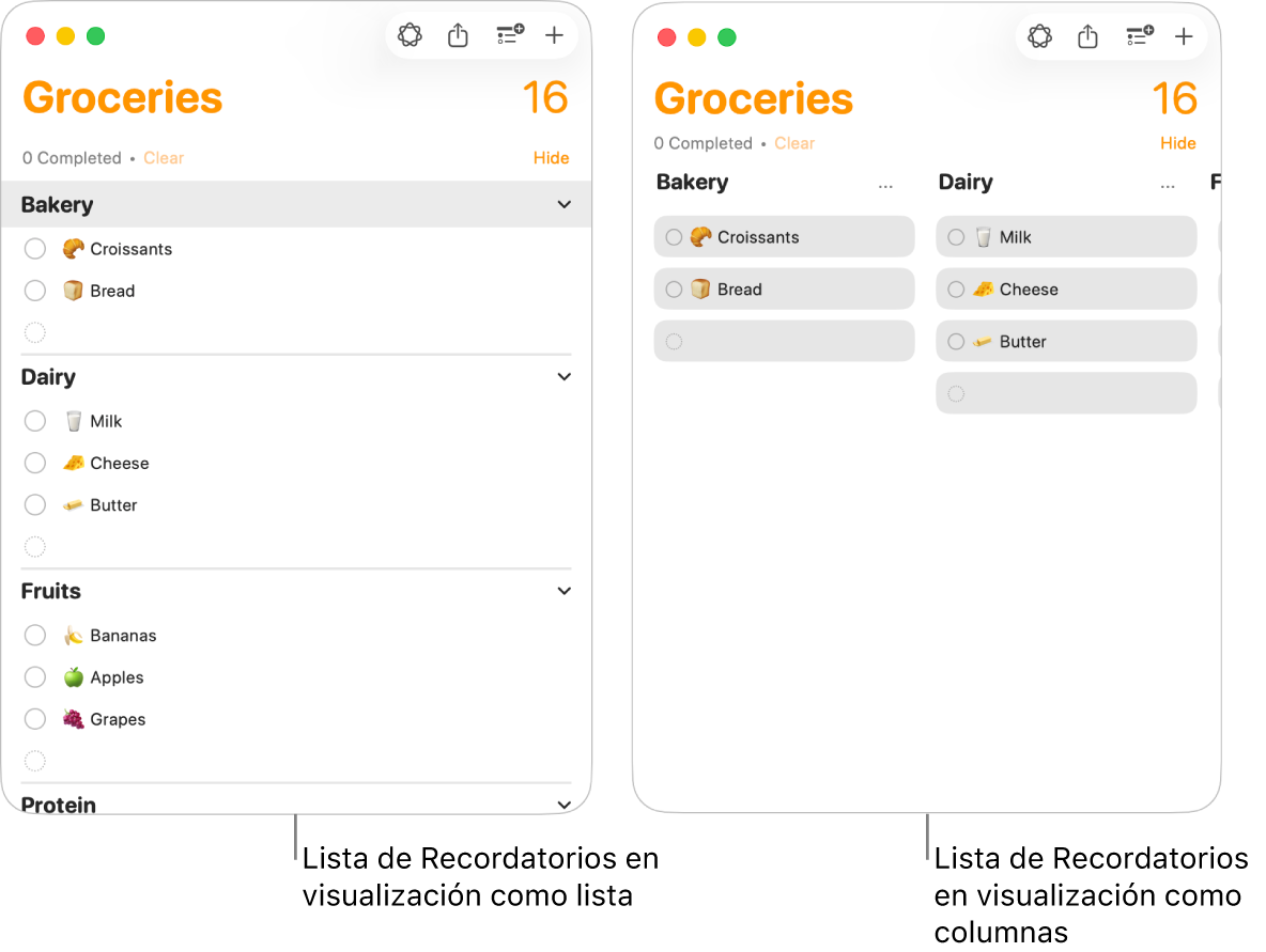 A la izquierda, se muestra una lista de recordatorios con visualización como lista; a la derecha, se muestra la misma lista de recordatorios con visualización como columnas. La lista de recordatorios tiene tres secciones; los títulos de las secciones se usan para los encabezados de las columnas.