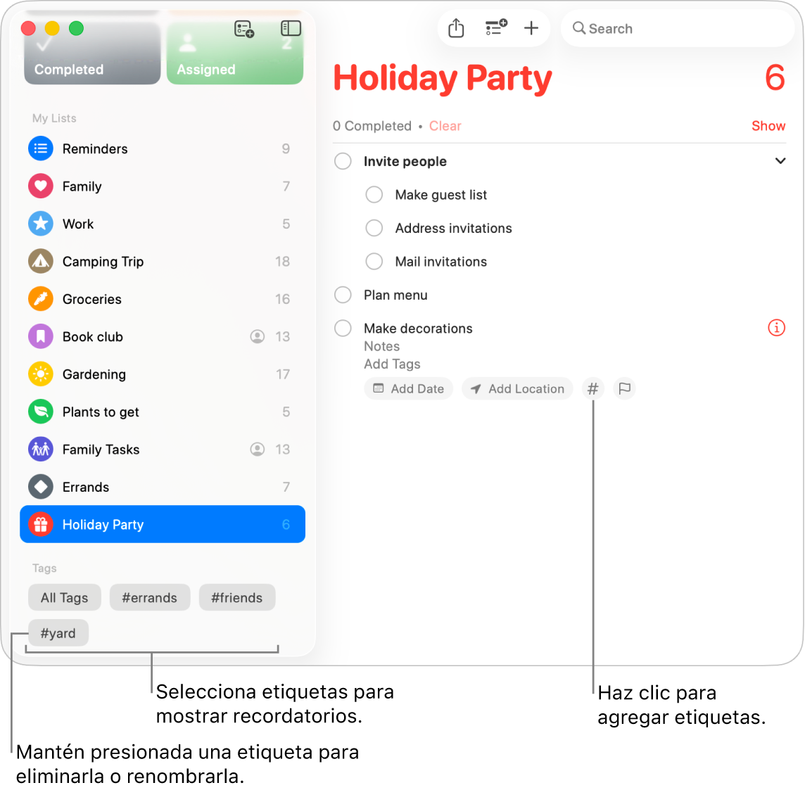 Una ventana de Recordatorios mostrando varias etiquetas en la barra lateral y un recordatorio con el botón Etiquetas.