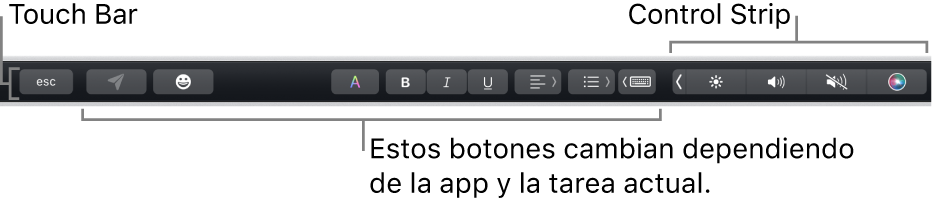 Touch Bar en la parte superior del teclado, mostrando la Control Strip contraída a la derecha y botones que varían según la app o tarea.