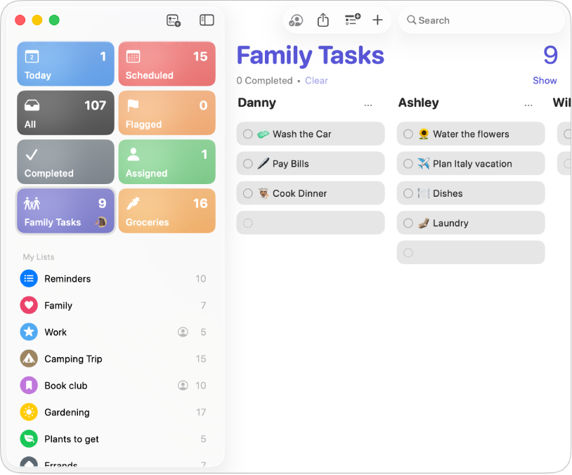 Una ventana de Recordatorios, mostrando una lista.