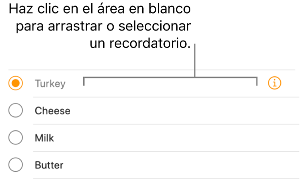 Haz clic en área en blanco a la derecha del nombre de un recordatorio para seleccionarlo.