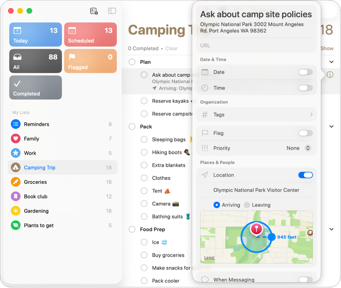 Una ventana de detalles del recordatorio que muestra una notificación configurada para una ubicación.