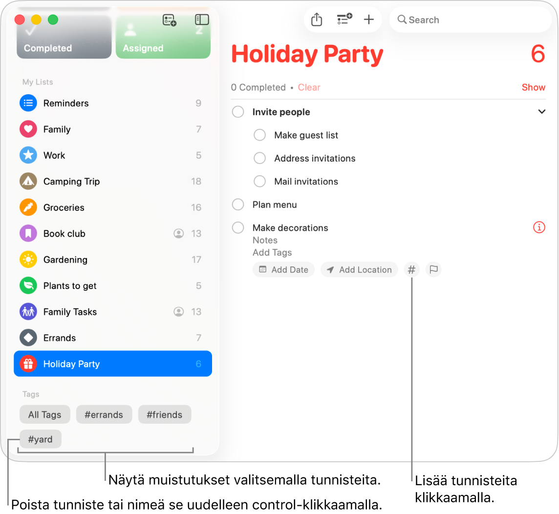 Muistutukset-ikkuna, jossa on monta tunnistetta sivupalkissa, ja muistutus, jossa on Tunnisteet-painike.