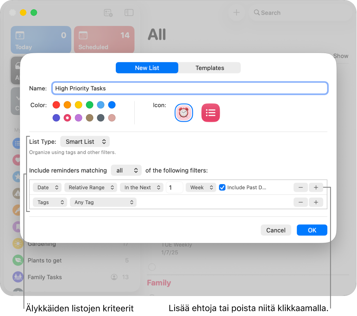 Uusi älykäs lista -valintaikkuna, jossa näkyy kenttiä kriteerien määrittämiselle.